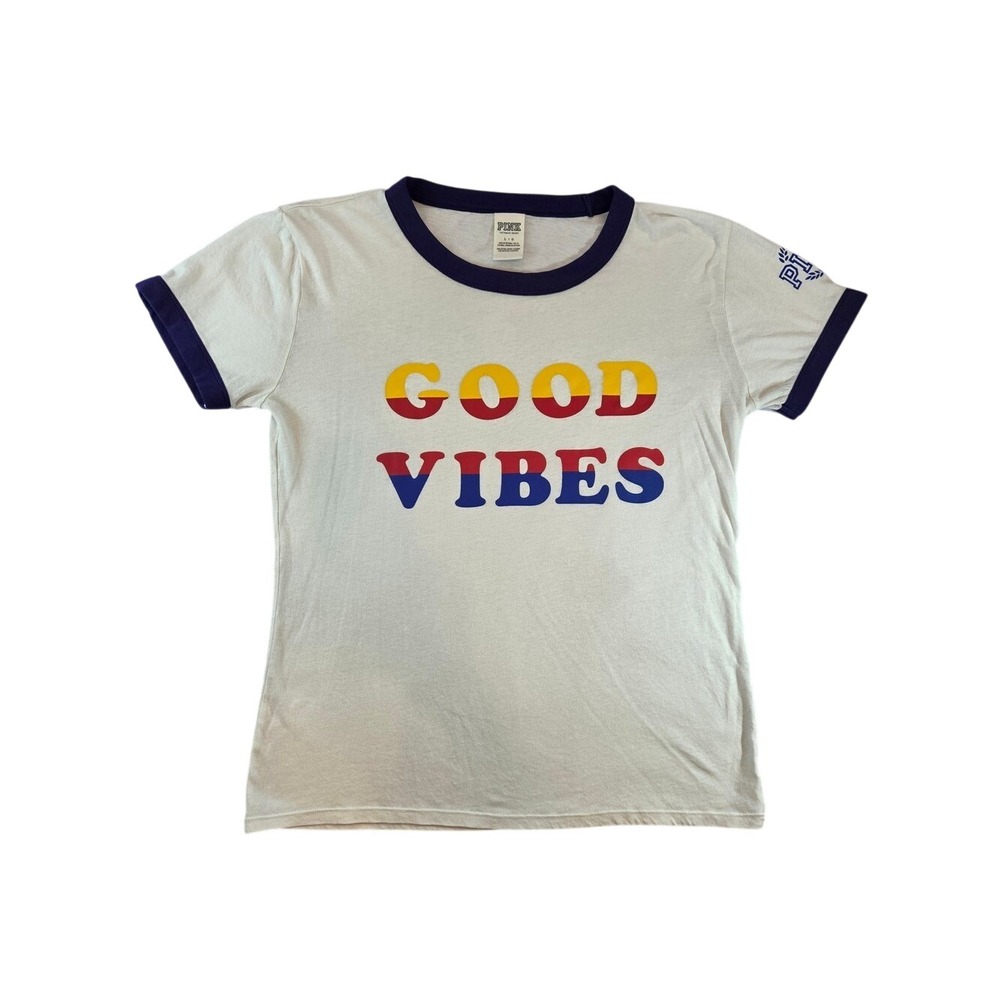 PINK Women 'Good Vibes' White Ringer Tee with Navy Trim L 80s Casual Sexy Top